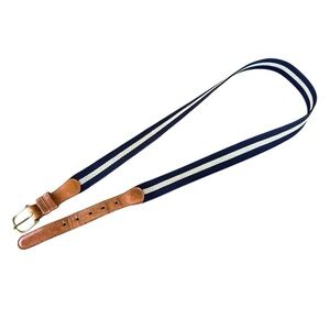 Coach Natural Linen leather Canvas Stripe Belt Navy White Preppy Men’s 38 GUC